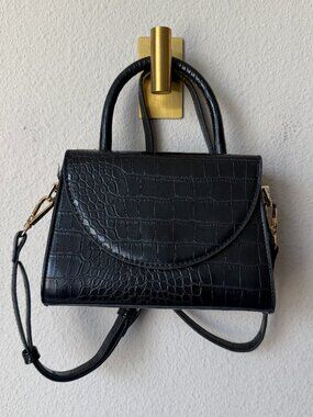 Olga Berg Nadia Black Croc Embossed Top Handle Bag